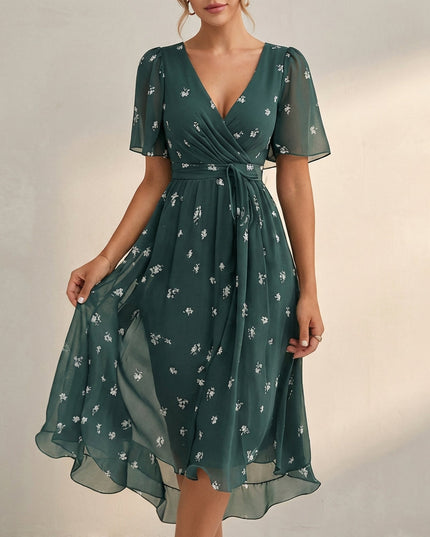 Green floral V neck mini dress with wrap front, short sleeves, and airy hem