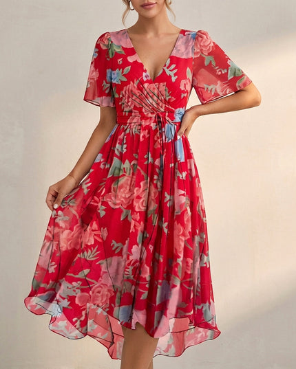 Red floral V neck mini dress with flutter sleeves and flowy chiffon skirt