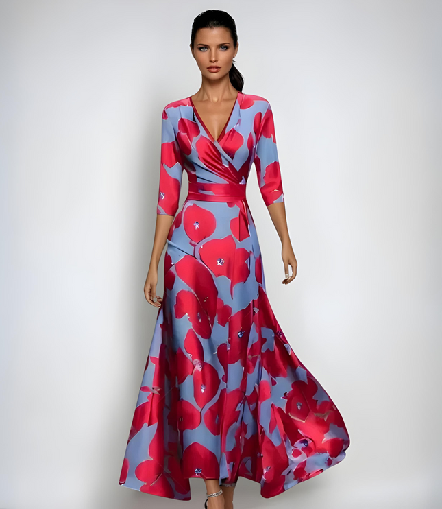 Floral V neck maxi dress with three quarter sleeves in pink and blue print