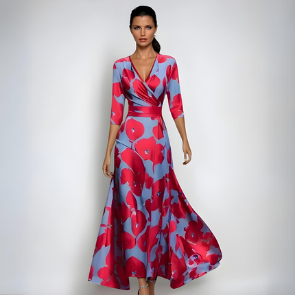 Floral V neck maxi dress with three quarter sleeves in pink and blue print