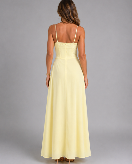 Women's Flowy Maxi Dress with a Ruched Bodice and Thin Straps