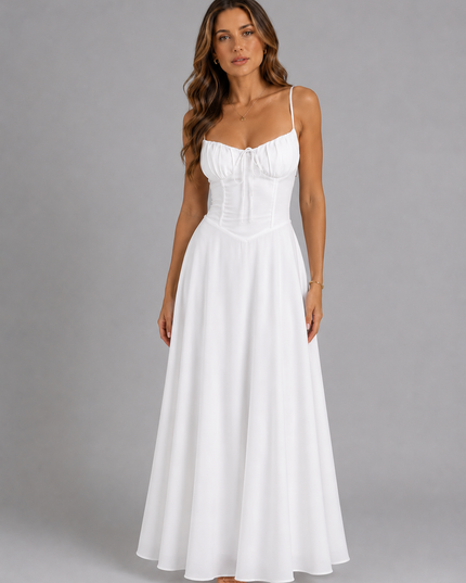 Women's Flowy Maxi Dress with a Ruched Bodice and Thin Straps