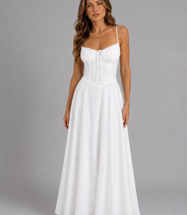 Women's Flowy Maxi Dress with a Ruched Bodice and Thin Straps