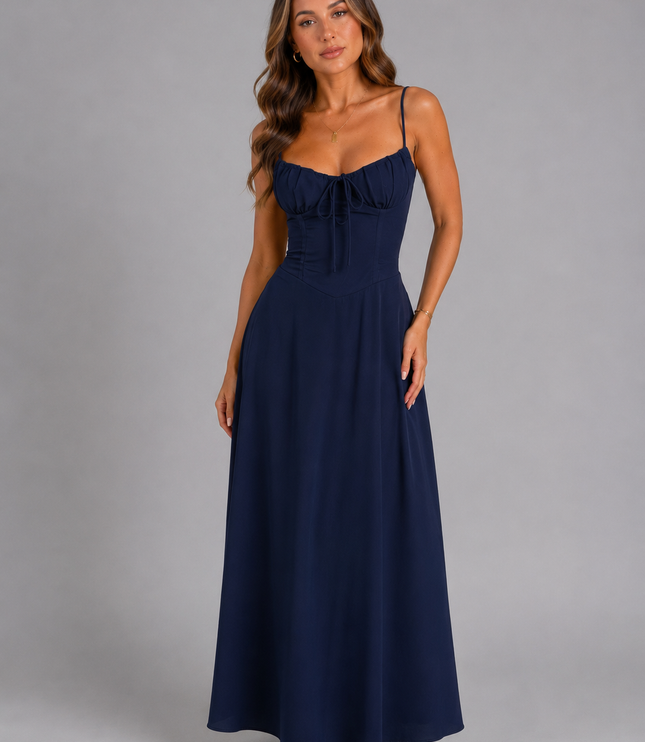Women's Flowy Maxi Dress with a Ruched Bodice and Thin Straps