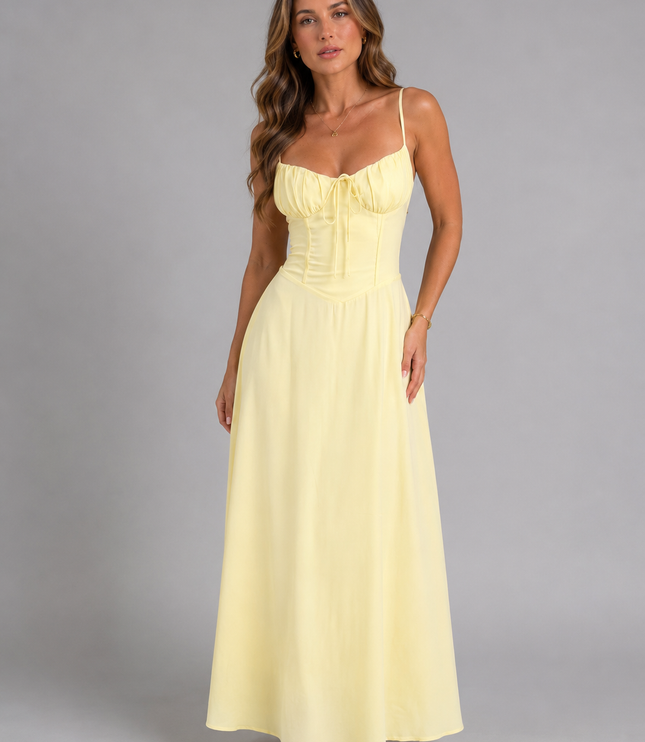 Women's Flowy Maxi Dress with a Ruched Bodice and Thin Straps