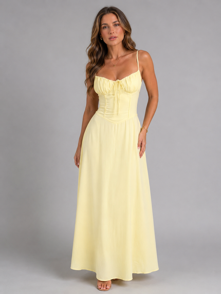 Women's Flowy Maxi Dress with a Ruched Bodice and Thin Straps