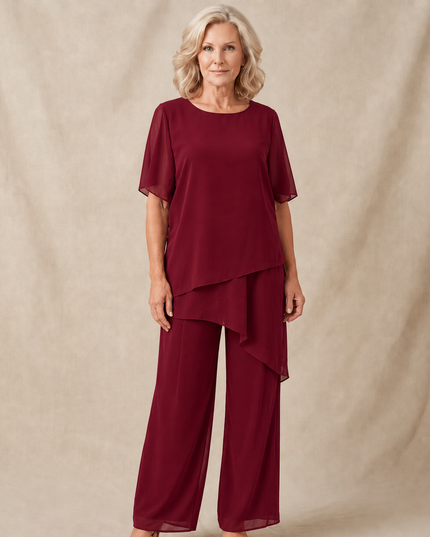 Women's Flutter-Sleeve Chiffon Top and Wide-Leg Pants Set