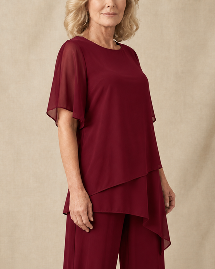 Women's Flutter-Sleeve Chiffon Top and Wide-Leg Pants Set