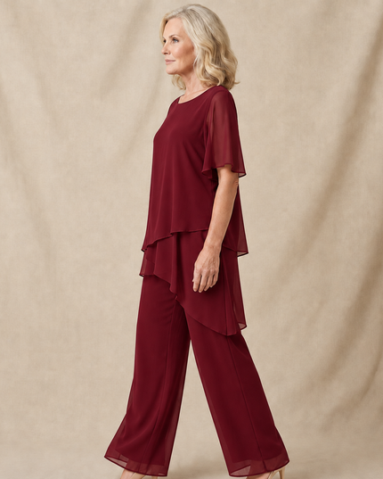 Women's Flutter-Sleeve Chiffon Top and Wide-Leg Pants Set