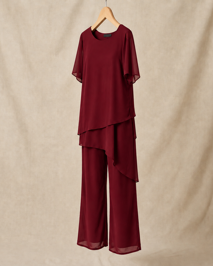 Women's Flutter-Sleeve Chiffon Top and Wide-Leg Pants Set