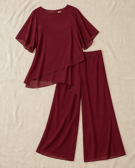 Women's Flutter-Sleeve Chiffon Top and Wide-Leg Pants Set
