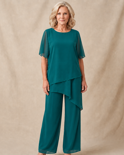Women's Flutter-Sleeve Chiffon Top and Wide-Leg Pants Set