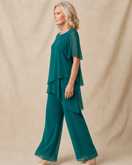 Women's Flutter-Sleeve Chiffon Top and Wide-Leg Pants Set