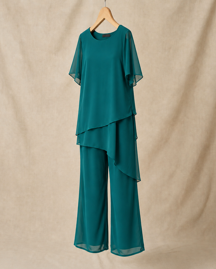 Women's Flutter-Sleeve Chiffon Top and Wide-Leg Pants Set