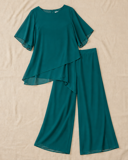 Women's Flutter-Sleeve Chiffon Top and Wide-Leg Pants Set