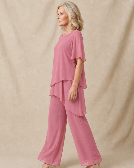 Women's Flutter-Sleeve Chiffon Top and Wide-Leg Pants Set