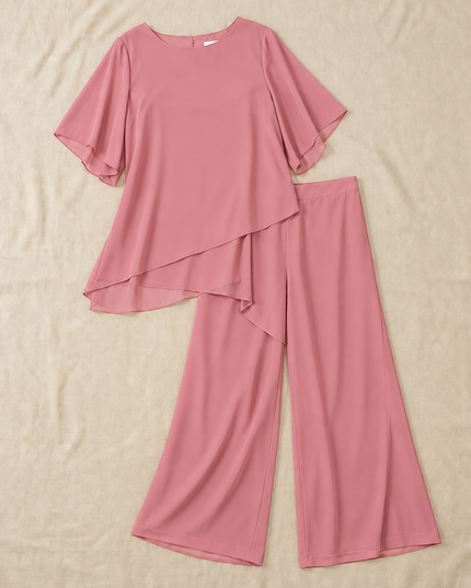 Women's Flutter-Sleeve Chiffon Top and Wide-Leg Pants Set