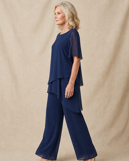 Women's Flutter-Sleeve Chiffon Top and Wide-Leg Pants Set