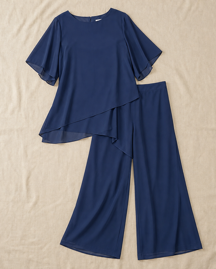 Women's Flutter-Sleeve Chiffon Top and Wide-Leg Pants Set