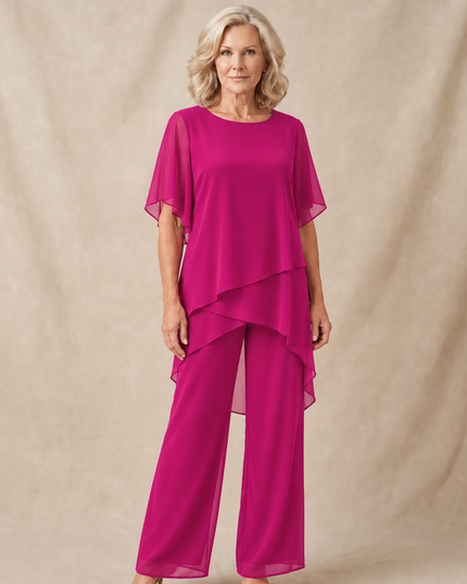 Women's Flutter-Sleeve Chiffon Top and Wide-Leg Pants Set