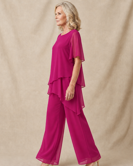 Women's Flutter-Sleeve Chiffon Top and Wide-Leg Pants Set