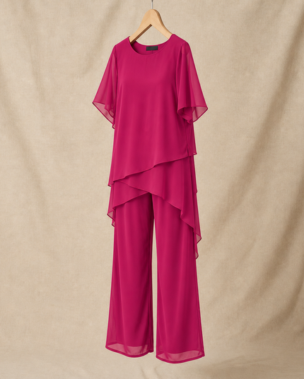 Women's Flutter-Sleeve Chiffon Top and Wide-Leg Pants Set