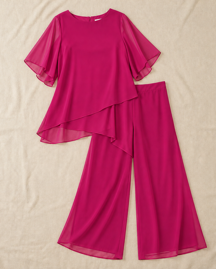 Women's Flutter-Sleeve Chiffon Top and Wide-Leg Pants Set