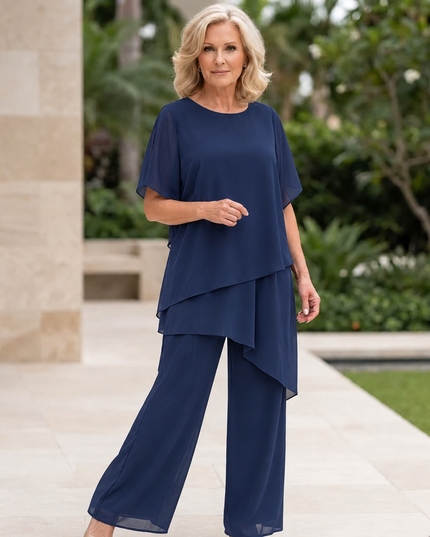Women's Flutter-Sleeve Chiffon Top and Wide-Leg Pants Set