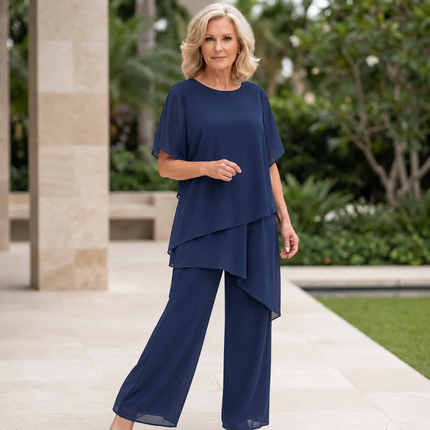 Women's Flutter-Sleeve Chiffon Top and Wide-Leg Pants Set