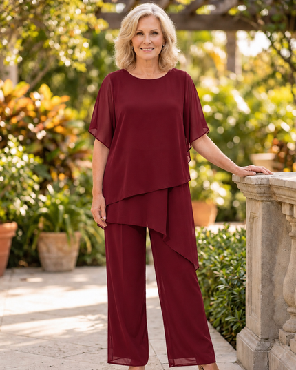 Women's Flutter-Sleeve Chiffon Top and Wide-Leg Pants Set
