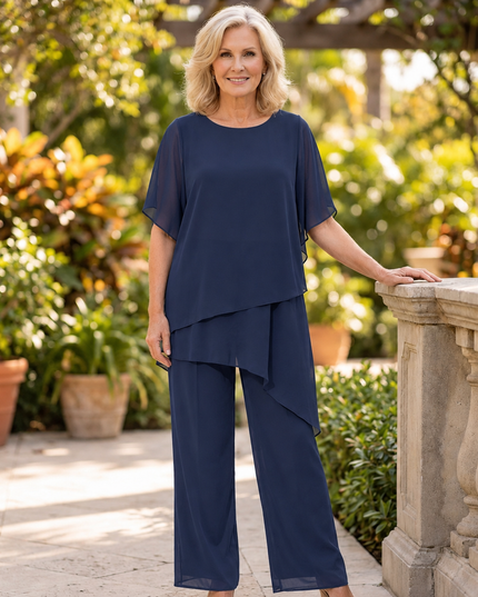 Women's Flutter-Sleeve Chiffon Top and Wide-Leg Pants Set