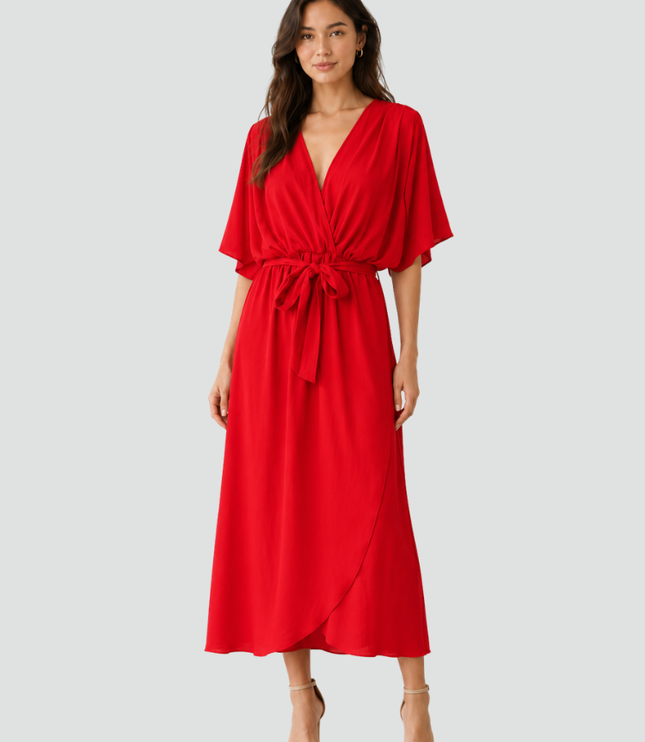 Women's Flutter Sleeve Midi Dress with a Wrap Front