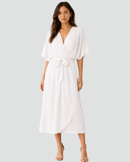Women's Flutter Sleeve Midi Dress with a Wrap Front