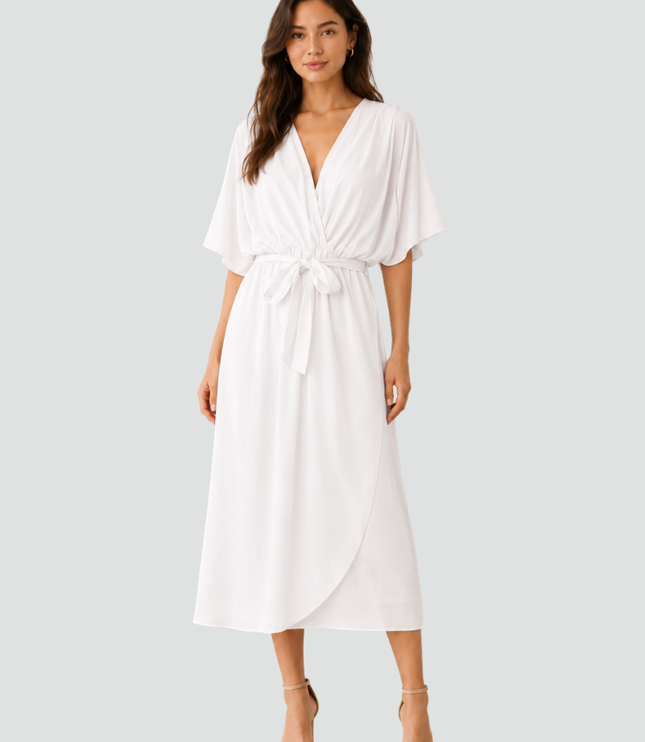 Women's Flutter Sleeve Midi Dress with a Wrap Front