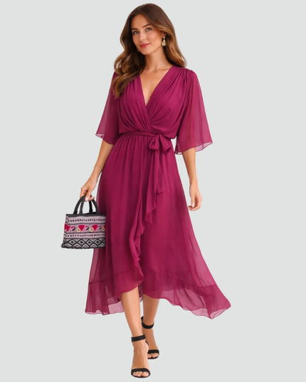 Women's Flutter Sleeve Midi Dress with a Wrap Front