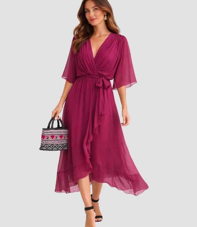 Women's Flutter Sleeve Midi Dress with a Wrap Front