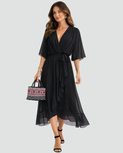 Women's Flutter Sleeve Midi Dress with a Wrap Front