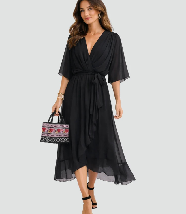 Women's Flutter Sleeve Midi Dress with a Wrap Front