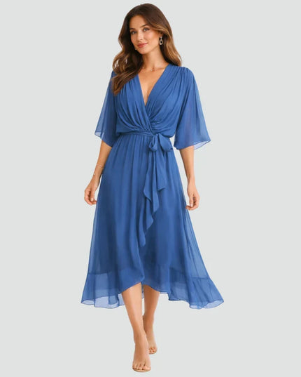 Women's Flutter Sleeve Midi Dress with a Wrap Front