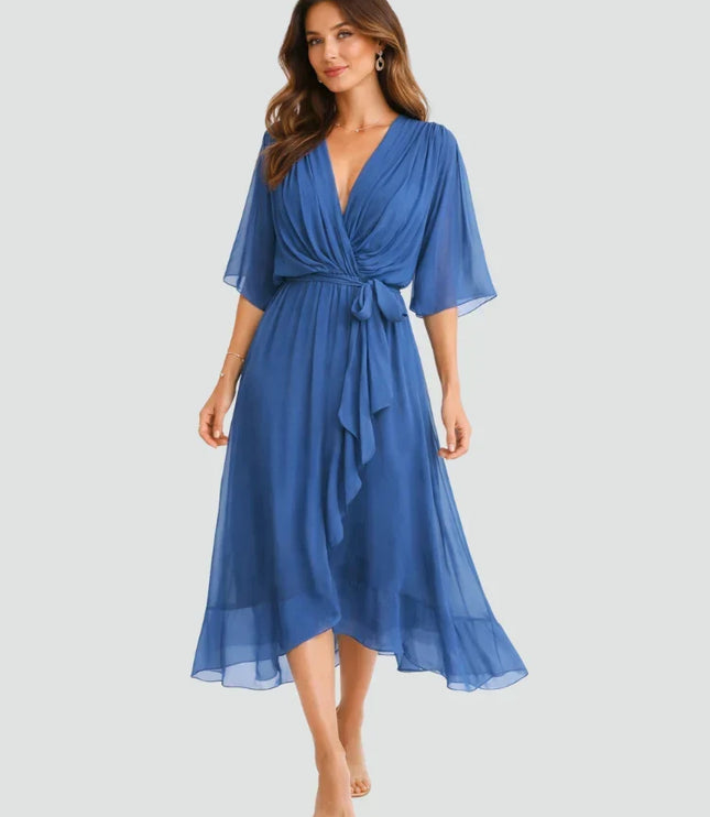 Women's Flutter Sleeve Midi Dress with a Wrap Front