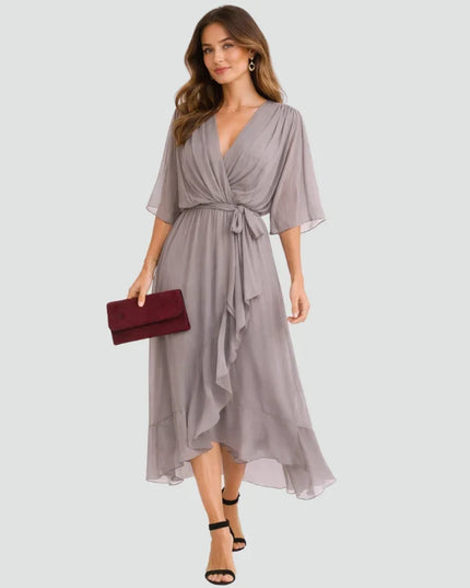 Women's Flutter Sleeve Midi Dress with a Wrap Front