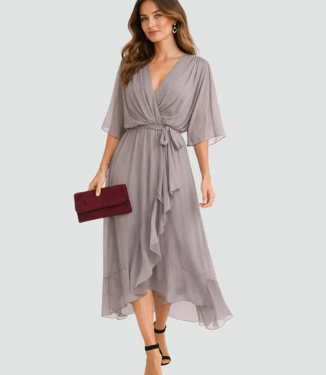 Women's Flutter Sleeve Midi Dress with a Wrap Front