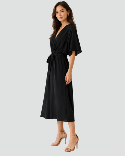 Women's Flutter Sleeve Midi Dress with a Wrap Front