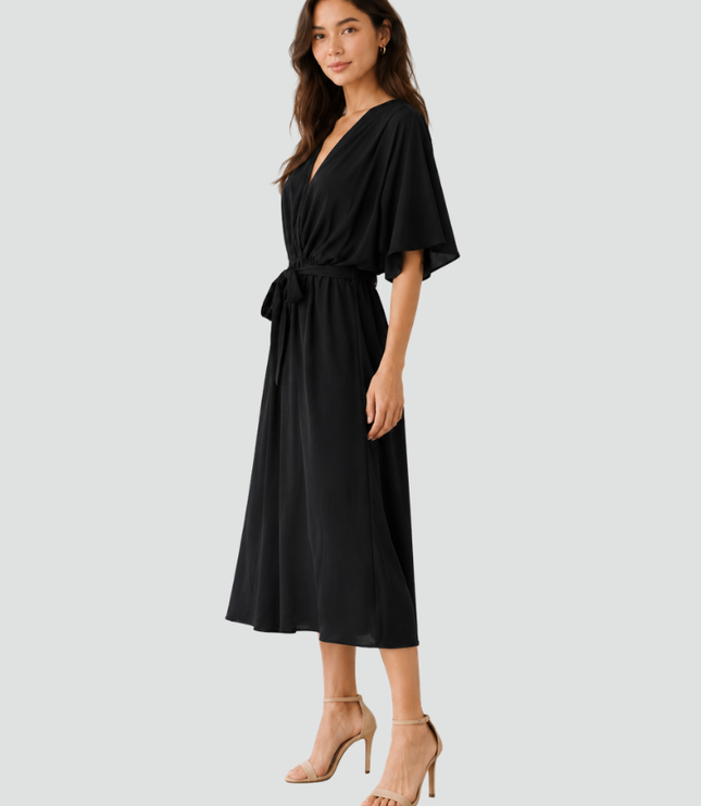 Women's Flutter Sleeve Midi Dress with a Wrap Front