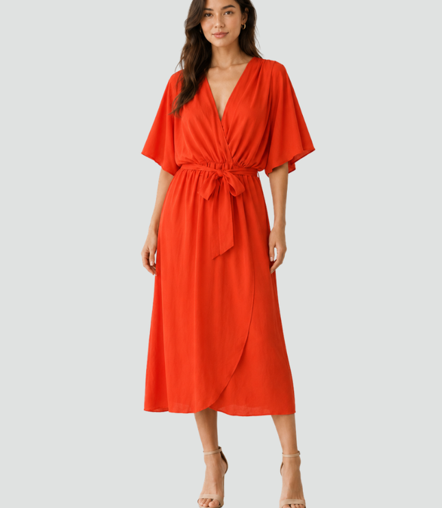 Women's Flutter Sleeve Midi Dress with a Wrap Front