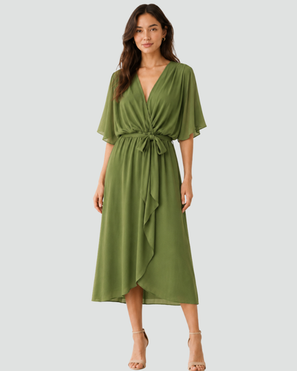 Women's Flutter Sleeve Midi Dress with a Wrap Front