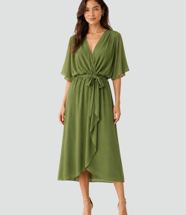 Women's Flutter Sleeve Midi Dress with a Wrap Front