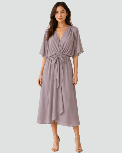 Women's Flutter Sleeve Midi Dress with a Wrap Front