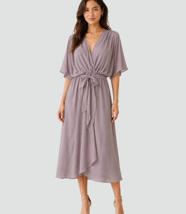 Women's Flutter Sleeve Midi Dress with a Wrap Front
