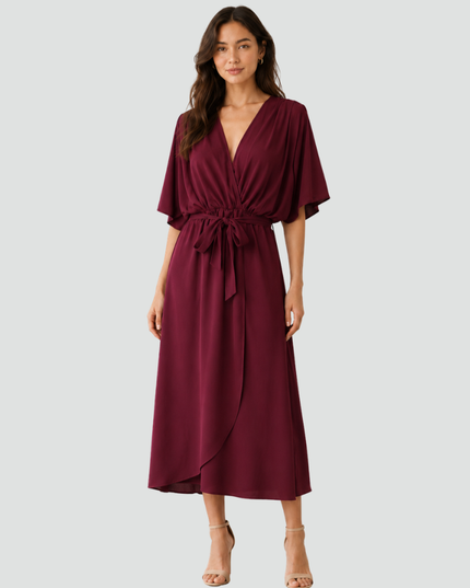 Women's Flutter Sleeve Midi Dress with a Wrap Front
